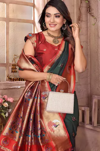 Dark green silk blend zari weaving paithani saree with peacock border and pallu