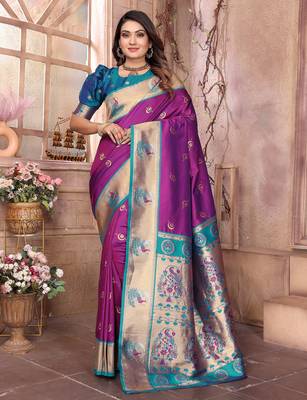 Purple silk blend zari weaving paithani saree with peacock border and pallu 1
