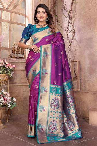 Purple silk blend zari weaving paithani saree with peacock border and pallu