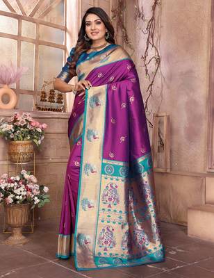 Purple silk blend zari weaving paithani saree with peacock border and pallu 2