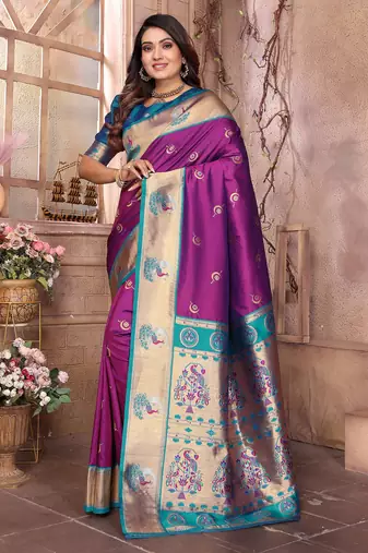 Purple silk blend zari weaving paithani saree with peacock border and pallu