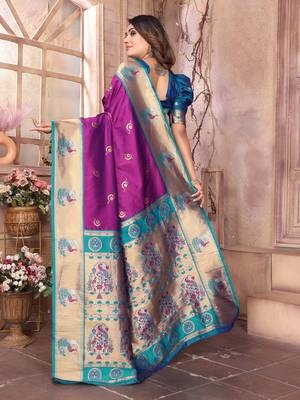 Purple silk blend zari weaving paithani saree with peacock border and pallu 3