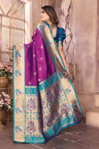 Purple silk blend zari weaving paithani saree with peacock border and pallu