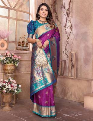 Purple silk blend zari weaving paithani saree with peacock border and pallu 4