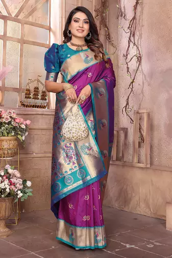 Purple silk blend zari weaving paithani saree with peacock border and pallu