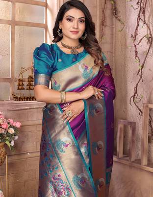 Purple silk blend zari weaving paithani saree with peacock border and pallu 5