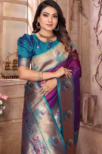 Purple silk blend zari weaving paithani saree with peacock border and pallu