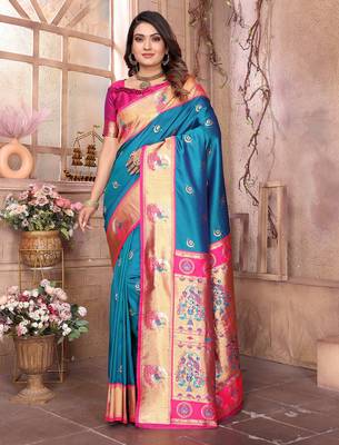 Royal blue silk blend zari weaving paithani saree with peacock border and pallu 1