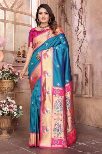 Royal blue silk blend zari weaving paithani saree with peacock border and pallu
