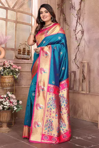 Royal blue silk blend zari weaving paithani saree with peacock border and pallu