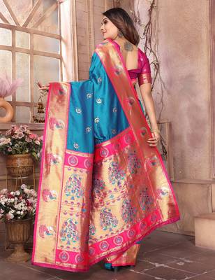 Royal blue silk blend zari weaving paithani saree with peacock border and pallu 3