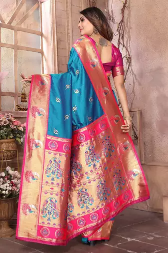 Royal blue silk blend zari weaving paithani saree with peacock border and pallu