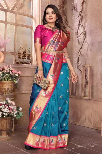 Royal blue silk blend zari weaving paithani saree with peacock border and pallu