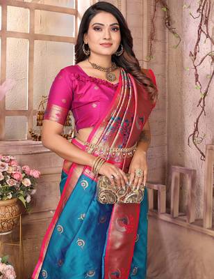Royal blue silk blend zari weaving paithani saree with peacock border and pallu 5