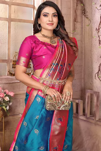 Royal blue silk blend zari weaving paithani saree with peacock border and pallu