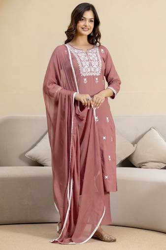 DarkPeach Cambric Cotton Embroidery Kurta Pant with Dupatta Set 