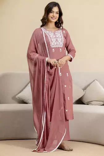 DarkPeach Cambric Cotton Embroidery Kurta Pant with Dupatta Set 
