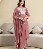 DarkPeach Cambric Cotton Embroidery Kurta Pant with Dupatta Set 