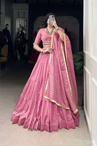 pink Chanderi Chaniya Choli with Cowrie Shell Lace Detailing