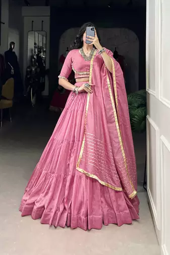 pink Chanderi Chaniya Choli with Cowrie Shell Lace Detailing