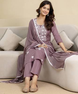 Peach Cambric Cotton Embroidery Kurta Pant with Dupatta Set 7