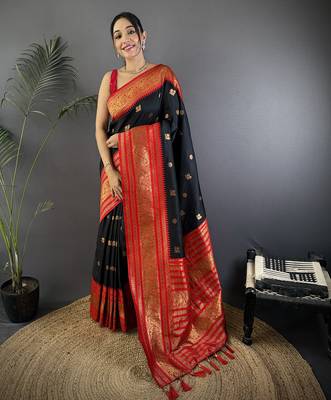 Black silk blend butti zari weaving banarasi saree with woven saree 1