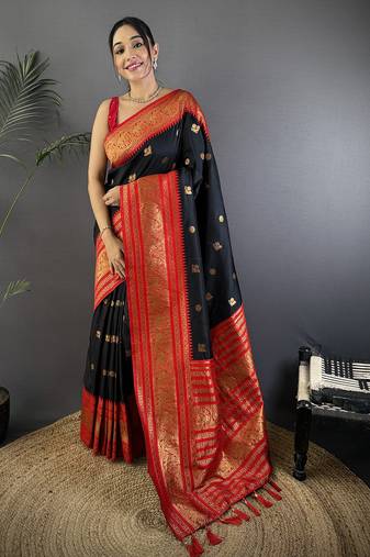 Black silk blend butti zari weaving banarasi saree with woven saree
