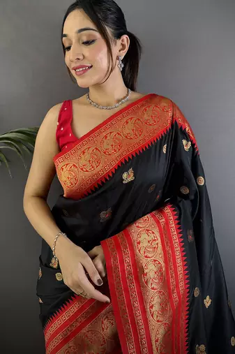 Black silk blend butti zari weaving banarasi saree with woven saree