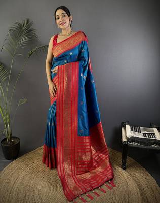 Royal  blue silk blend butti zari weaving banarasi saree with woven saree 1