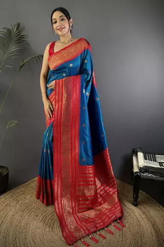 Royal  blue silk blend butti zari weaving banarasi saree with woven saree
