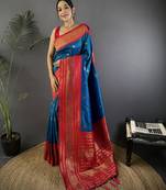 Royal  blue silk blend butti zari weaving banarasi saree with woven saree