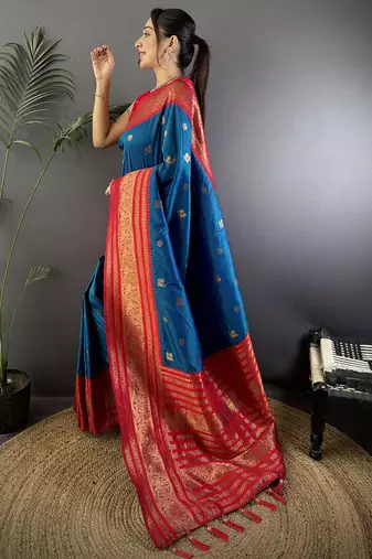 Royal  blue silk blend butti zari weaving banarasi saree with woven saree
