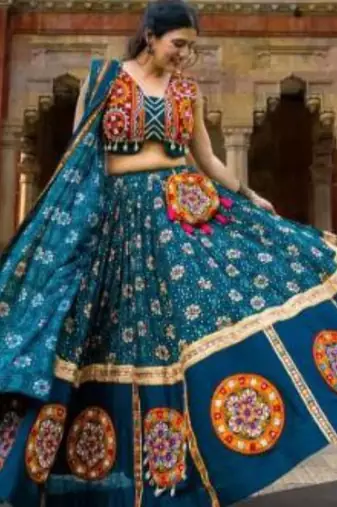 Teal Blue Traditional Bandhani Lehenga Set with Intricate Mirror and Shell Work