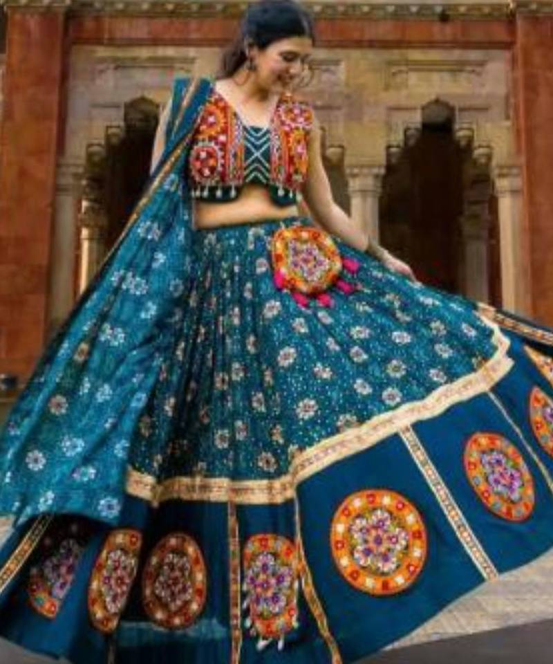 Teal Blue Traditional Bandhani Lehenga Set with Intricate Mirror and Shell Work