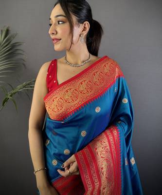 Royal  blue silk blend butti zari weaving banarasi saree with woven saree 3