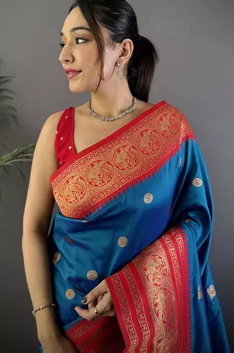Royal  blue silk blend butti zari weaving banarasi saree with woven saree