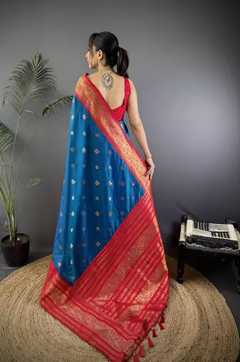 Royal  blue silk blend butti zari weaving banarasi saree with woven saree
