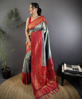 Grey silk blend butti zari weaving banarasi saree with woven saree 1