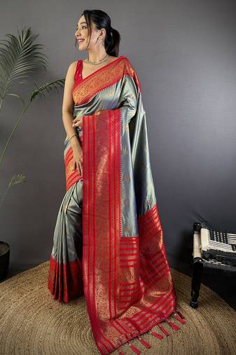 Grey silk blend butti zari weaving banarasi saree with woven saree