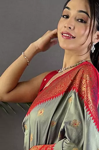 Grey silk blend butti zari weaving banarasi saree with woven saree