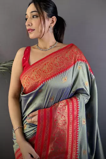 Grey silk blend butti zari weaving banarasi saree with woven saree
