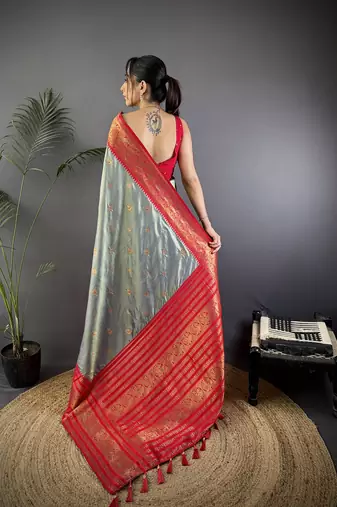 Grey silk blend butti zari weaving banarasi saree with woven saree
