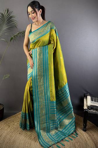Light green silk blend butti zari weaving banarasi saree with woven saree