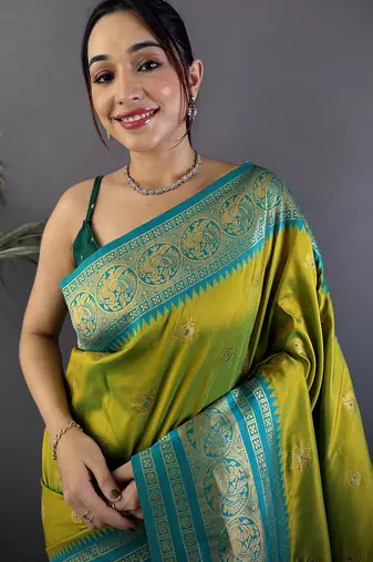 Light green silk blend butti zari weaving banarasi saree with woven saree