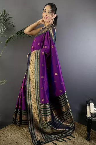 Magenta silk blend butti zari weaving banarasi saree with woven saree