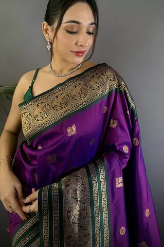 Magenta silk blend butti zari weaving banarasi saree with woven saree