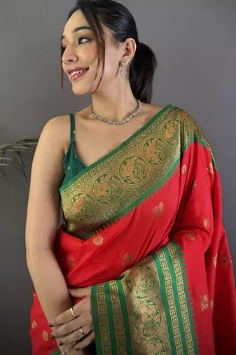 Red silk blend butti zari weaving banarasi saree with woven saree