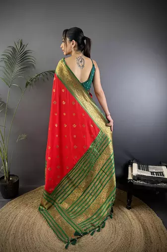Red silk blend butti zari weaving banarasi saree with woven saree
