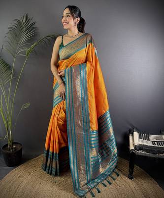 Orange silk blend butti zari weaving banarasi saree with woven saree 1