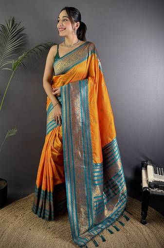 Orange silk blend butti zari weaving banarasi saree with woven saree